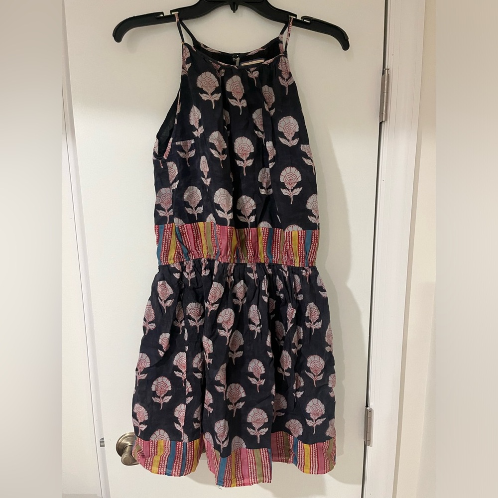 Navy Floral Midi Dress with Pink Detail